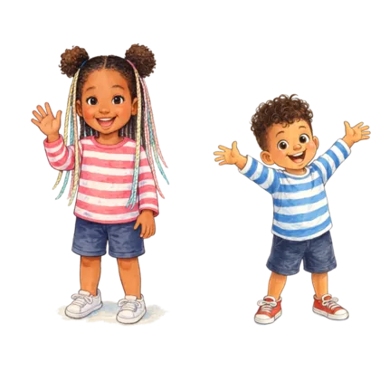 Cartoon Ellie in a pink striped shirt and Zeke in a blue striped shirt, waving